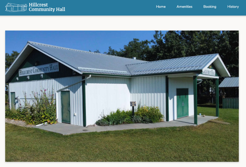 A screenshot of the Hillcrest Community Hall website.